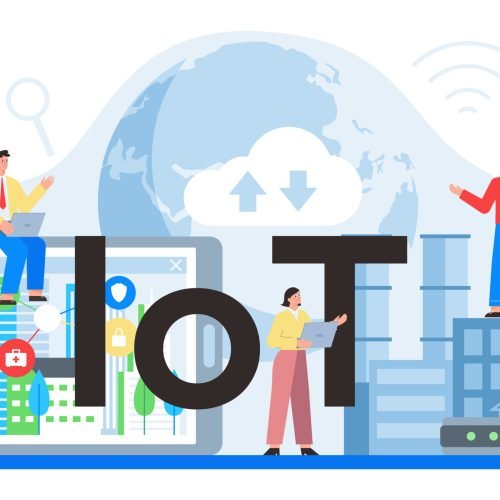 Internet of things typographic header. Idea of smart wireless electronics. Modern global technology. Connection between devices and house appliances. Isolated flat vector illustration